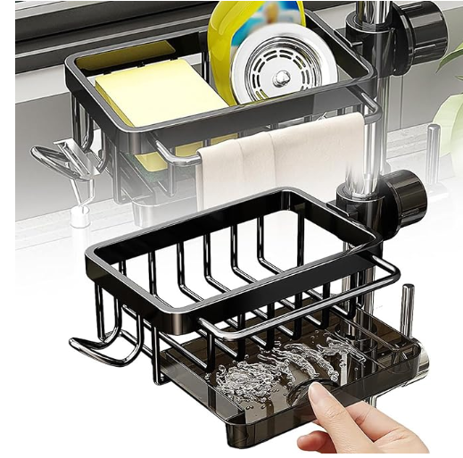 Kitchen Sink Aluminum Hanging Drain Rack With Hook(Black)